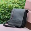 Premium Cowhide Leather Unisex Shoulder Bag Messenger Bag Black Red - Image 2
